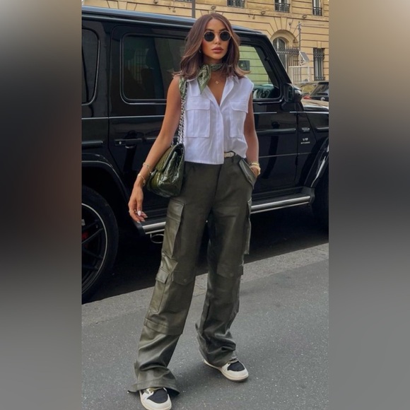 Abercrombie & Fitch Pants - Abercrombie & Fitch Dark Green Faux Leather Wide Leg Cargo Pants